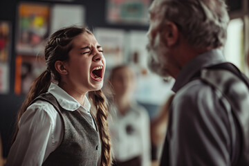Female school student crying at male teacher in classroom with copy space - obrazy, fototapety, plakaty