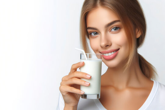 woman drinking milk isolated on a white background. ai generative