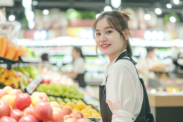 portrait of young asian woman working in supermarket or grocery store