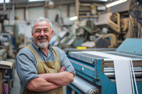 Portrait of happy senior man standing with arms crossed in industrial factory