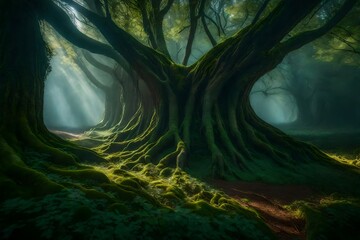 Explore the mystical forest of Ents and Dryads, where ancient trees come to life and ethereal beings dance among the leaves - obrazy, fototapety, plakaty