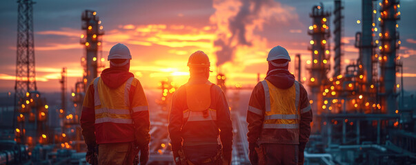 Industrial workers in front of oil and gas refinery plant at sunset - obrazy, fototapety, plakaty