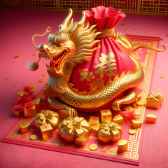happy Chinese New Year Dragon wrapping around a fortune bag full of gold 3d illustrations background