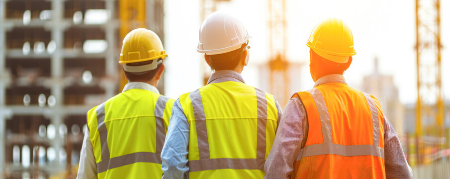 Back view of a group of workers on the background of a construction site.