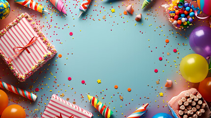Fototapeta na wymiar Birthday Cake Surrounded by Balloons and Confetti