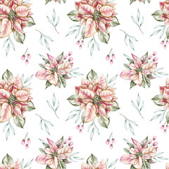 Fototapeta na wymiar Seamless pattern with watercolor poinsettia flowers