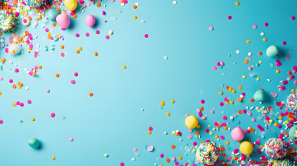 Vibrant Sprinkles and Confetti on Blue Background - Colorful Party Decorations