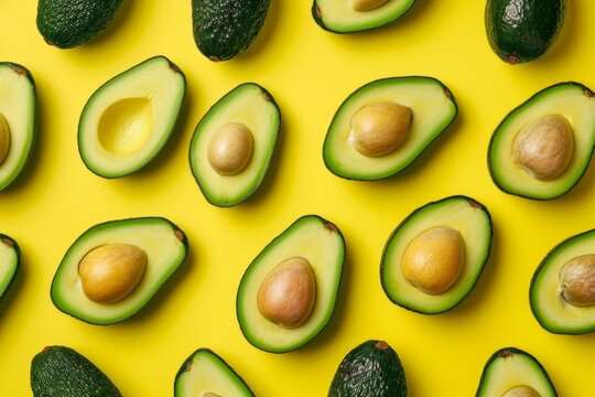 Many cut avocados on a yellow surface, pattern seamless, flatlay layout. Concept of healthy food, diet