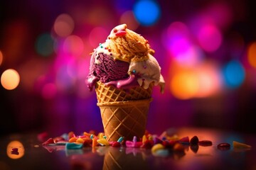 A delicious scoop of ice cream with toppings on a brightly illuminated background. Generative AI
