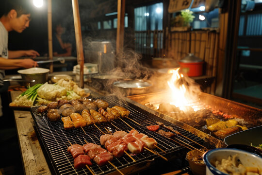 Grilled pork and beef on charcoal grill in the market, Thailand