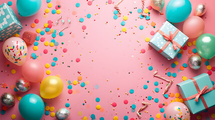 Pink Background With Balloons, Gifts, and Confetti