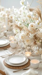 A table set with white flowers and candles