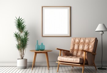 white photo frame on the wall with sofa chair and table