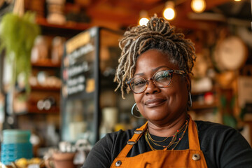 Portrait of a smiling African-American woman in a coffee shop