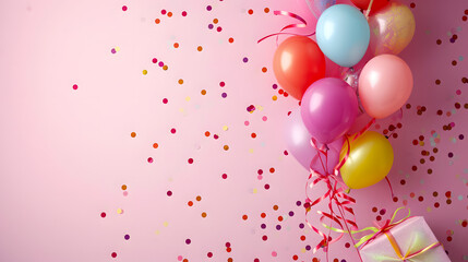 Colorful Balloons and Gift on Pink Background