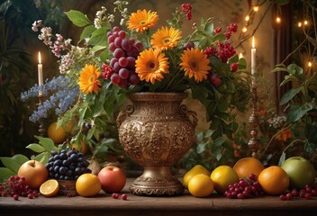 Still life with apples, oranges and flowers, in an antique vase, surrounded by wax candles