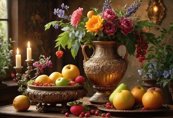 Still life with apples, oranges and flowers, in an antique vase, surrounded by wax candles © Nalitana