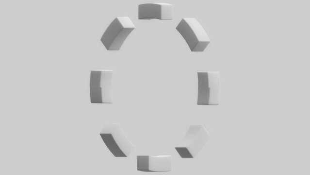 Abstract 3D animation loop of blocks rotating in a radial pattern on soft background. Black and white retro style