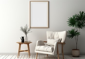 white photo frame on the wall with sofa chair and table