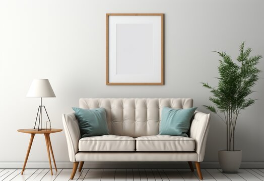 white photo frame on the wall with a sofa and table