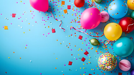 Colorful Balloons and Confetti on a Blue Background