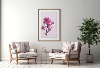 white photo frame on the wall with sofa chair and table