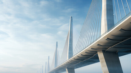 Support element of high cable-stayed bridge with steel pylons. Backlight. Clear blue sky.