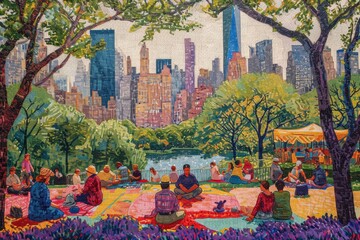 A group of friends admiring the natural beauty of the park, surrounded by vibrant flowers and towering skyscrapers, while a beautiful landscape painting adds an artistic touch to the serene outdoor s