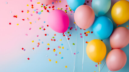 Colorful Balloons and Confetti on a Vibrant Blue and Pink Background