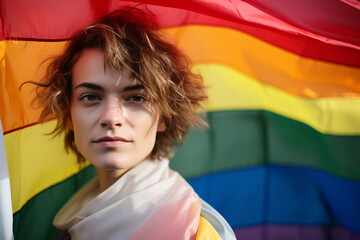 Young woman with rainbow colored flag