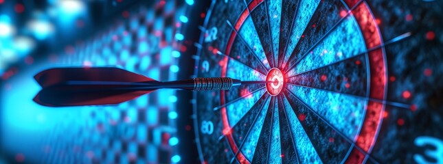 A dart of light transports to its target, landing perfectly in the center of the dartboard's bullseye - obrazy, fototapety, plakaty