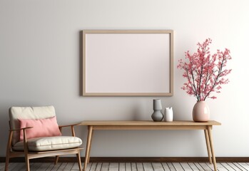 white photo frame on the wall with sofa chair and table