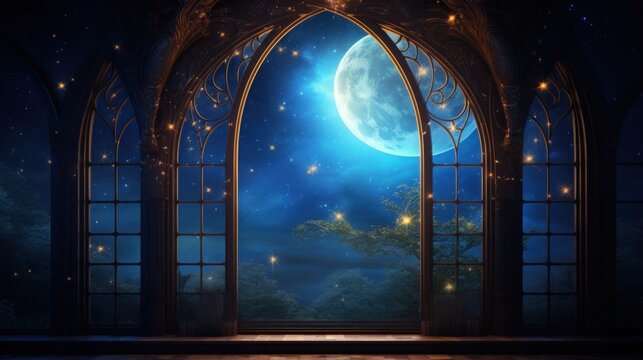Mystical window with moon at night. Generate AI image