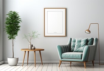 white photo frame on the wall with sofa chair and table