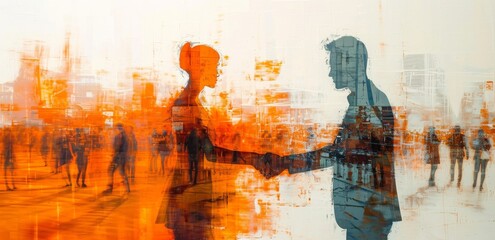 A striking fusion of artistic mediums, the dynamic handshake between a man and woman reflects a harmonious blend of abstract lines and vivid hues, encapsulating the essence of human connection throug