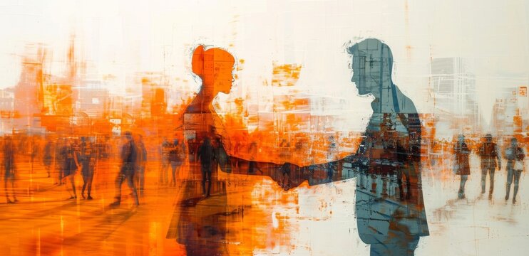 A striking fusion of artistic mediums, the dynamic handshake between a man and woman reflects a harmonious blend of abstract lines and vivid hues, encapsulating the essence of human connection throug