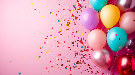 Colorful Balloons With Confetti on Pink Background