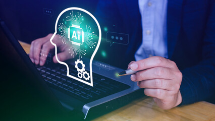 ChatGPT Chat with AI or Artificial Intelligence, using touch AI icon on virtual screen, robot...