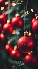 Closeup of hanging red Christmas balls on a black background with Christmas lights in bokeh