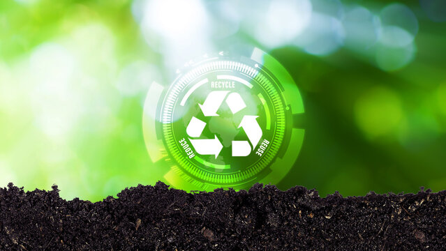 Reduce, reuse, recycle symbol on green bokeh background. Ecological and save the earth concept, An ecological metaphor for ecological waste management and sustainable.