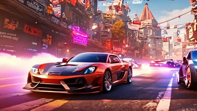 The sports car races on the roads of the street in the city, spersed the high-speed races. Generative AI