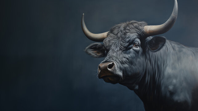 Gem&auml;lde eines Stiers / Bullen in blau-grau. Profil. Illustration