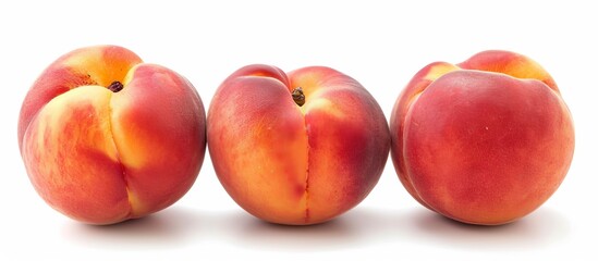 A trio of fresh peaches arranged on a white background.