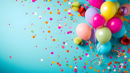Colorful Balloons and Confetti on Blue Background for Festive Celebration