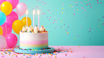 Colorful Birthday Cake With Candles, Balloons, and Confetti