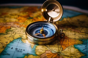 Fototapeta na wymiar Magnetic compass and location marking with a pin on routes on world map. Adventure, discovery, navigation, communication, logistics, geography, transport and travel theme concept