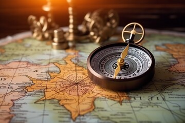 Magnetic compass and location marking with a pin on routes on world map. Adventure, discovery, navigation, communication, logistics, geography, transport and travel theme concept - obrazy, fototapety, plakaty
