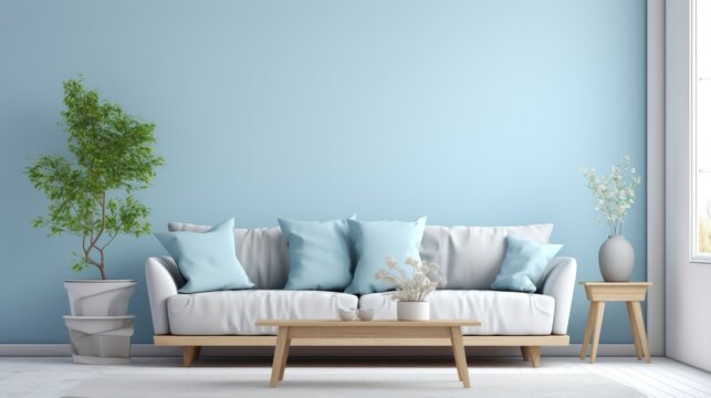 Stylish home living room interior with pastel blue color. Generate AI image