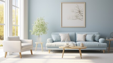 Stylish home living room interior with pastel blue color. Generate AI image