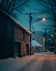 Snowy night scene on Landis Place, Buffalo, New York